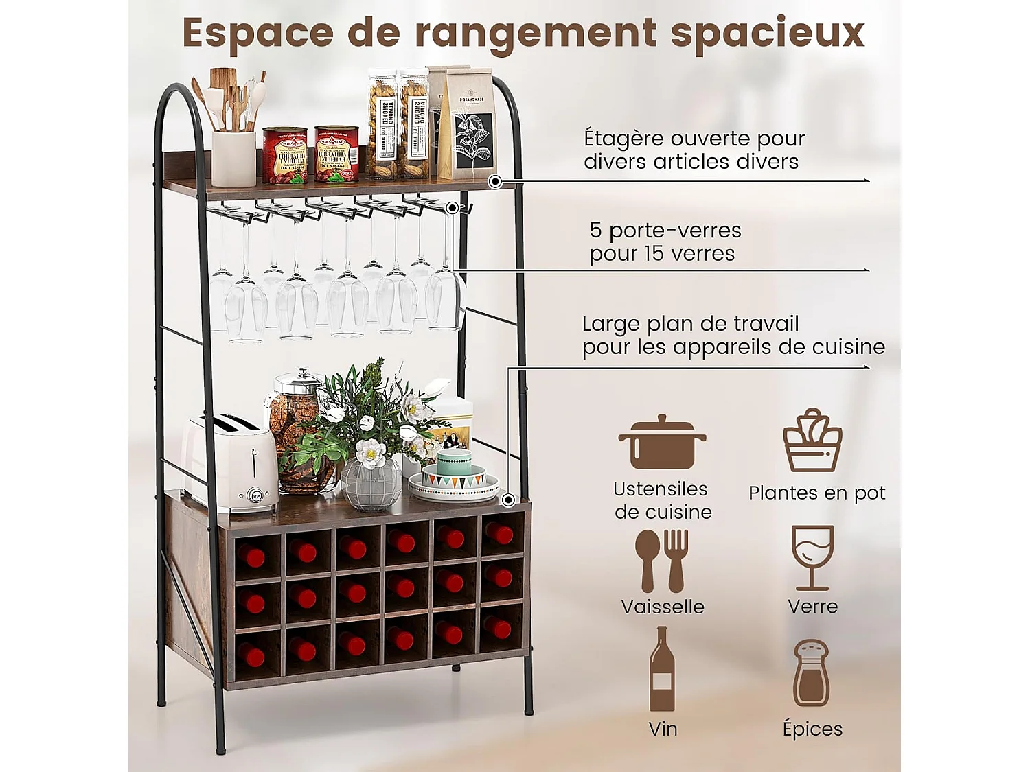 Porte-Bouteille Industriel avec Porte-Verres, 18 Bouteilles & 15 Verres, Casier à vin Amovible, Étagères de Rangement pour Cuisine, Salle à Manger, Bar, 32 x 63 x 114,5 cm, Marron Rustique