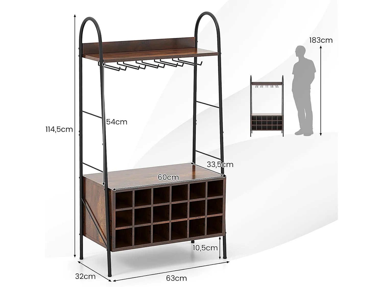 Porte-Bouteille Industriel avec Porte-Verres, 18 Bouteilles & 15 Verres, Casier à vin Amovible, Étagères de Rangement pour Cuisine, Salle à Manger, Bar, 32 x 63 x 114,5 cm, Marron Rustique