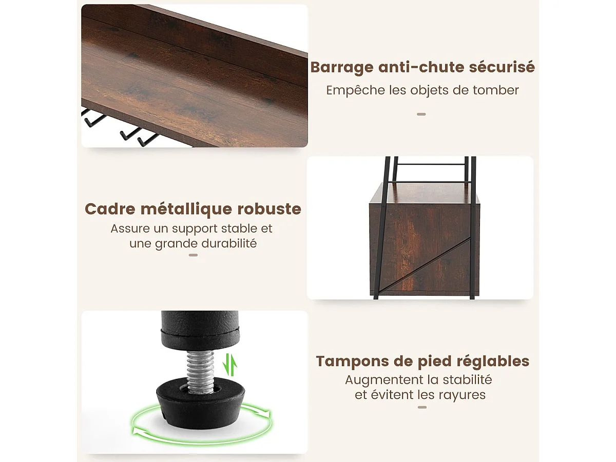 Porte-Bouteille Industriel avec Porte-Verres, 18 Bouteilles & 15 Verres, Casier à vin Amovible, Étagères de Rangement pour Cuisine, Salle à Manger, Bar, 32 x 63 x 114,5 cm, Marron Rustique