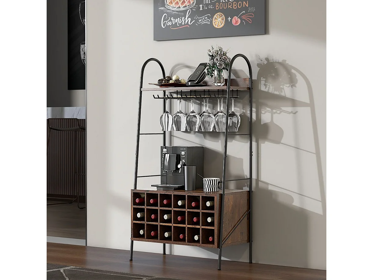Porte-Bouteille Industriel avec Porte-Verres, 18 Bouteilles & 15 Verres, Casier à vin Amovible, Étagères de Rangement pour Cuisine, Salle à Manger, Bar, 32 x 63 x 114,5 cm, Marron Rustique