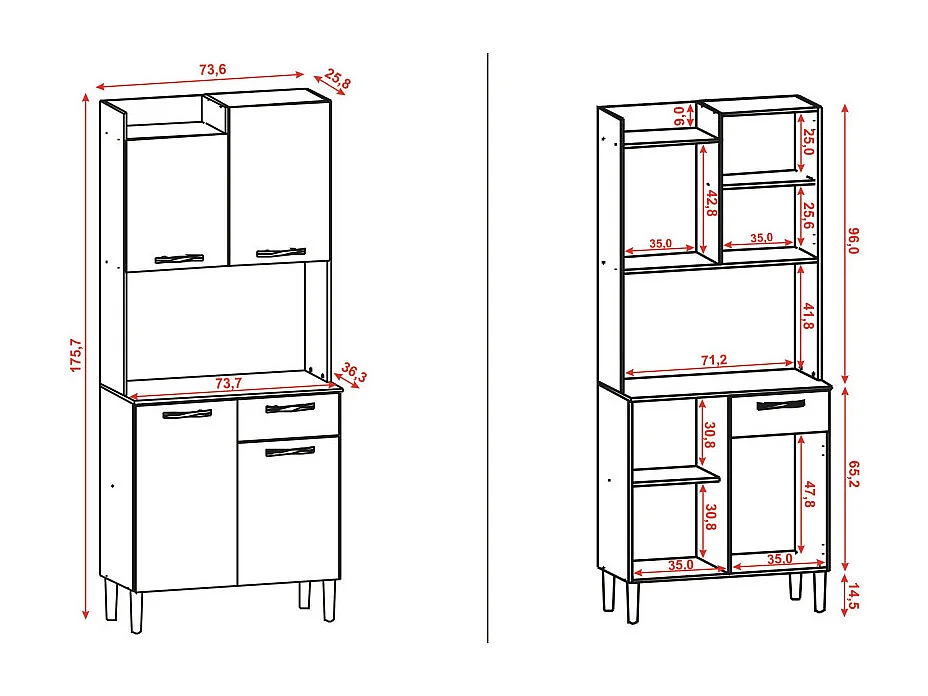 Buffet de Cuisine 4 Portes 1 Tiroir Chêne et Blanc L 73.6 H 175.7 P 36.3 cm
