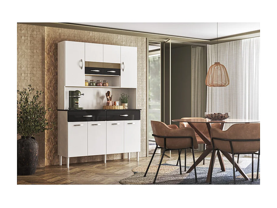 Buffet 8 Portes 2 Tiroirs 9 Niches Blanc et Noir Vogue L 122.5 H 176 P 36.3 cm