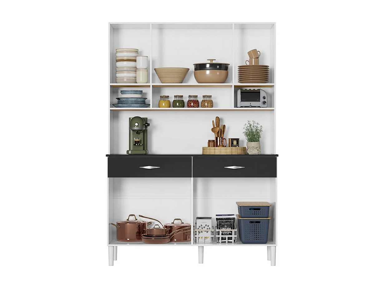 Buffet 8 Portes 2 Tiroirs 9 Niches Blanc et Noir Vogue L 122.5 H 176 P 36.3 cm