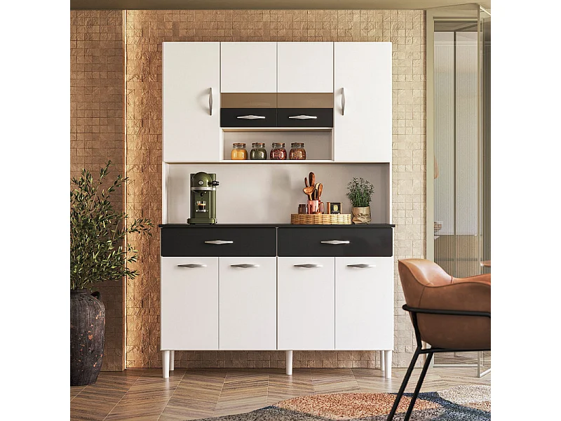 Buffet 8 Portes 2 Tiroirs 9 Niches Blanc et Noir Vogue L 122.5 H 176 P 36.3 cm