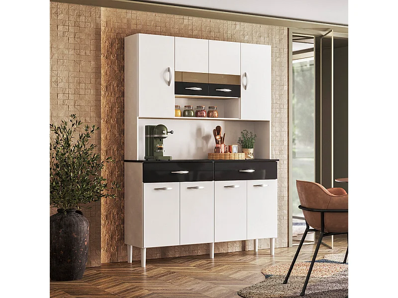Buffet 8 Portes 2 Tiroirs 9 Niches Blanc et Noir Vogue L 122.5 H 176 P 36.3 cm