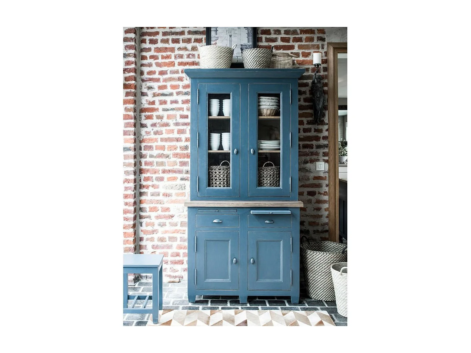 Haut de buffet 2 portes vitrées Bois Bleu - Brocante Interior's