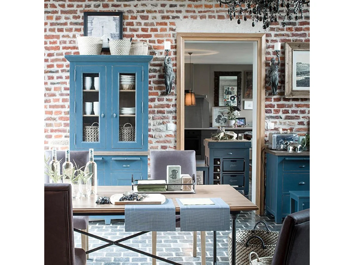 Haut de buffet 2 portes vitrées Bois Bleu - Brocante Interior's