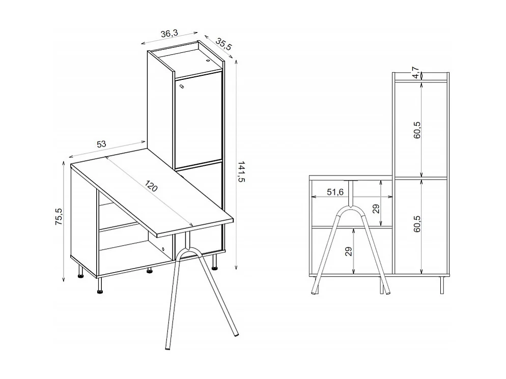 Bureau Pied métallique Arc et Armoire Blancs L 89.8 H 141.5 P 120 cm