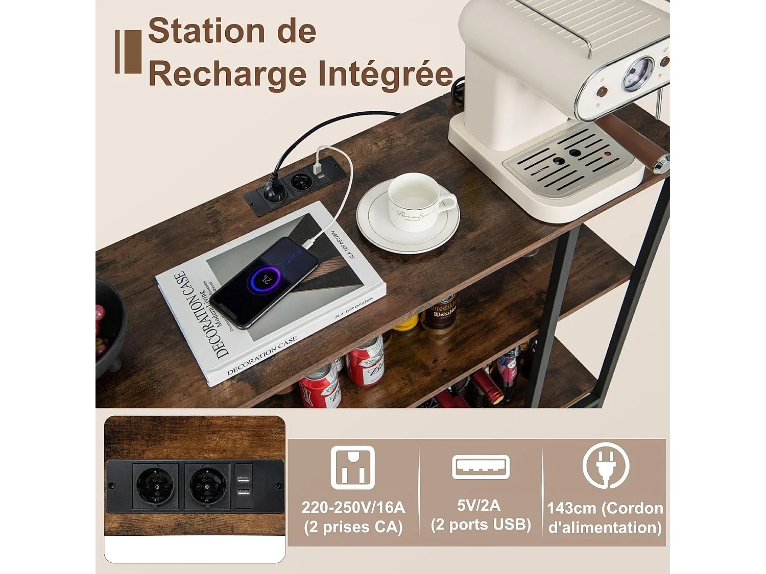 Étagère à vin 15 bouteilles, porte-verre, prises de courant, 2 ports usb (marron)