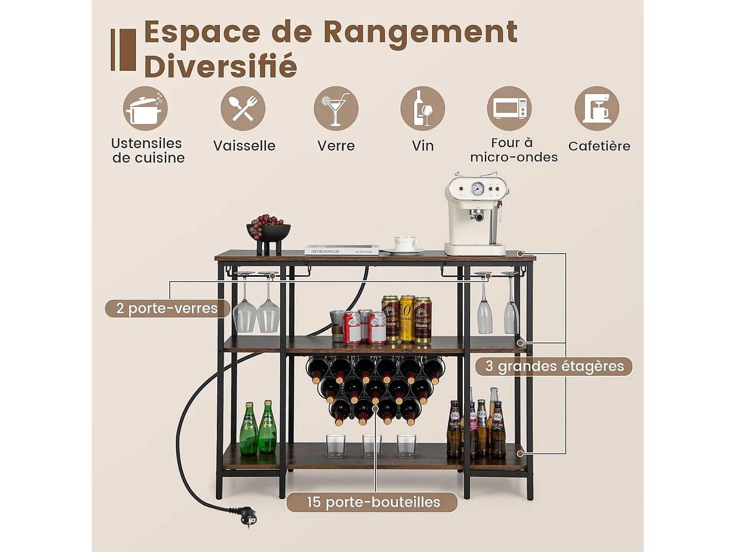 Étagère à vin 15 bouteilles, porte-verre, prises de courant, 2 ports usb (marron)
