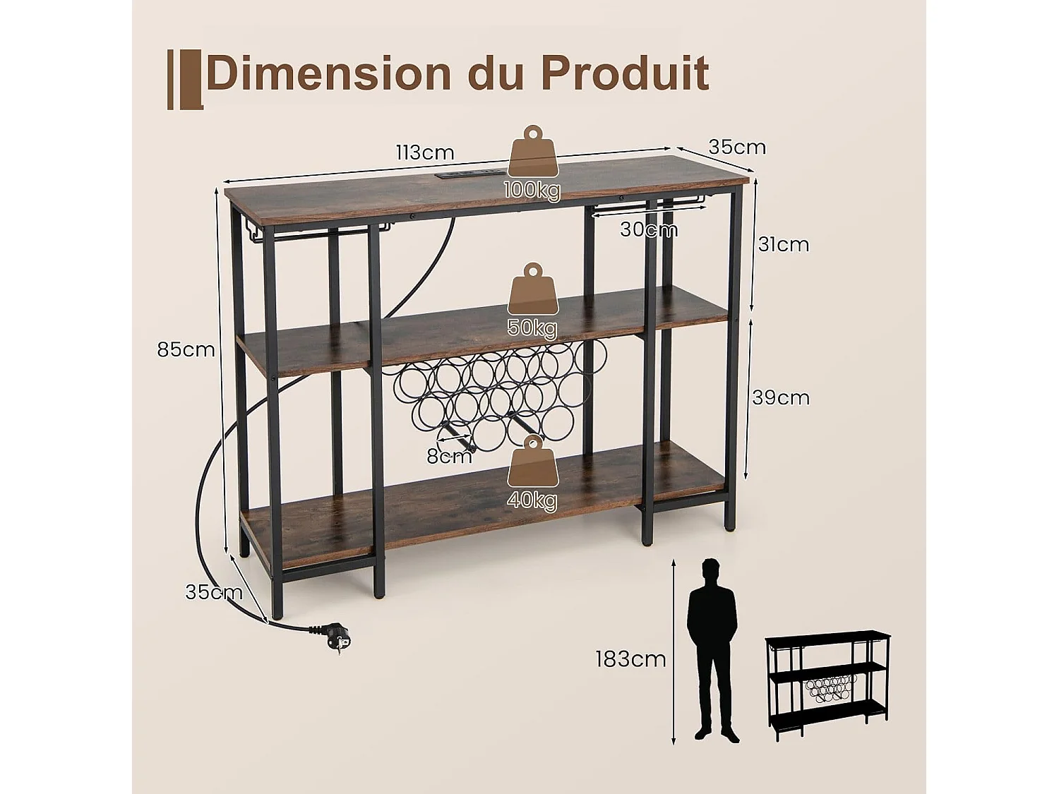 Étagère à vin 15 bouteilles, porte-verre, prises de courant, 2 ports usb (marron)