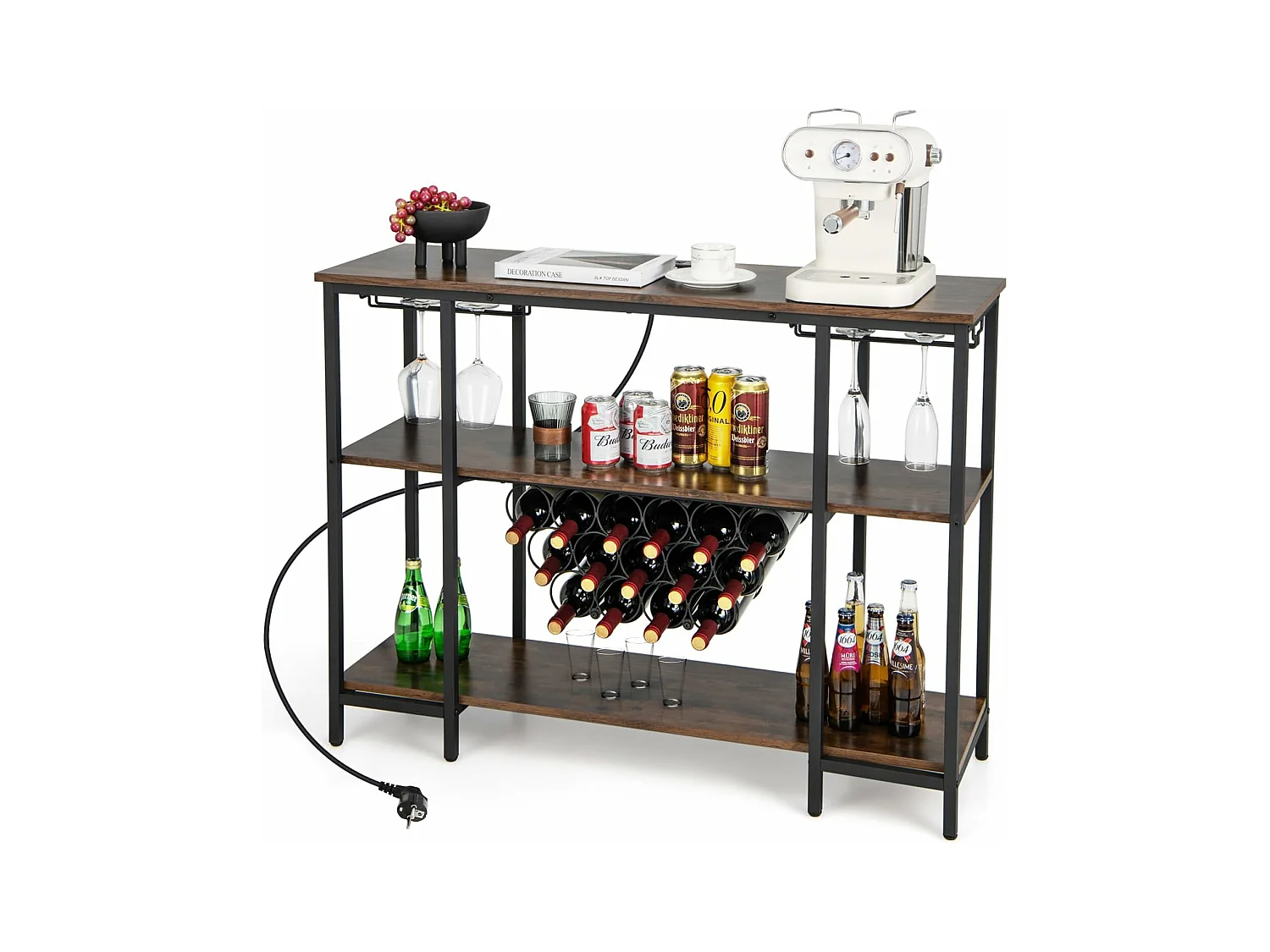 Étagère à vin 15 bouteilles, porte-verre, prises de courant, 2 ports usb (marron)