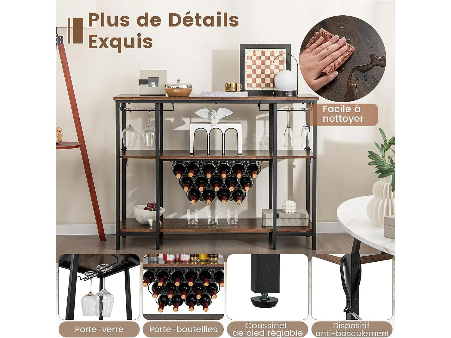 Étagère à vin 15 bouteilles, porte-verre, prises de courant, 2 ports usb (marron)