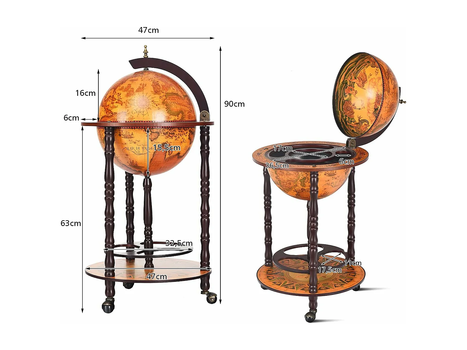 Bar globe terrestre vintage mappemonde en bois d'eucalyptus, 47 x 47 x 90cm