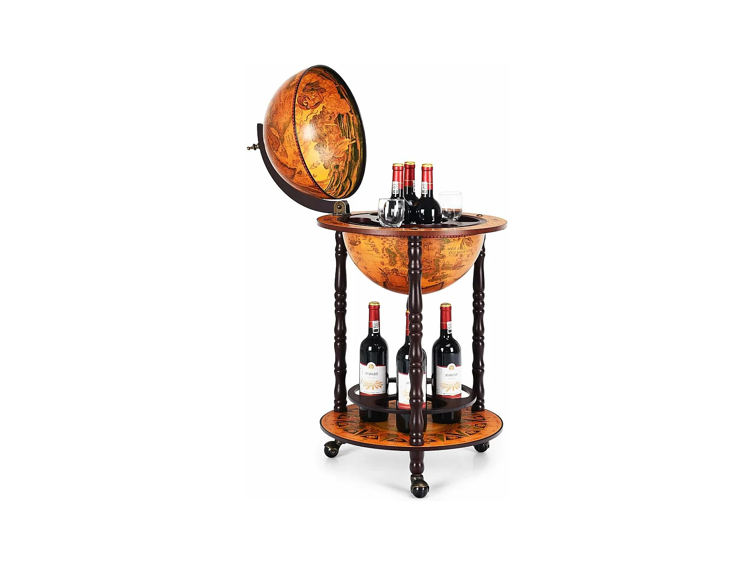 Bar globe terrestre vintage mappemonde en bois d'eucalyptus, 47 x 47 x 90cm