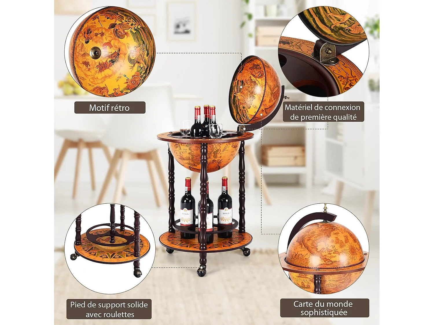 Bar globe terrestre vintage mappemonde en bois d'eucalyptus, 47 x 47 x 90cm