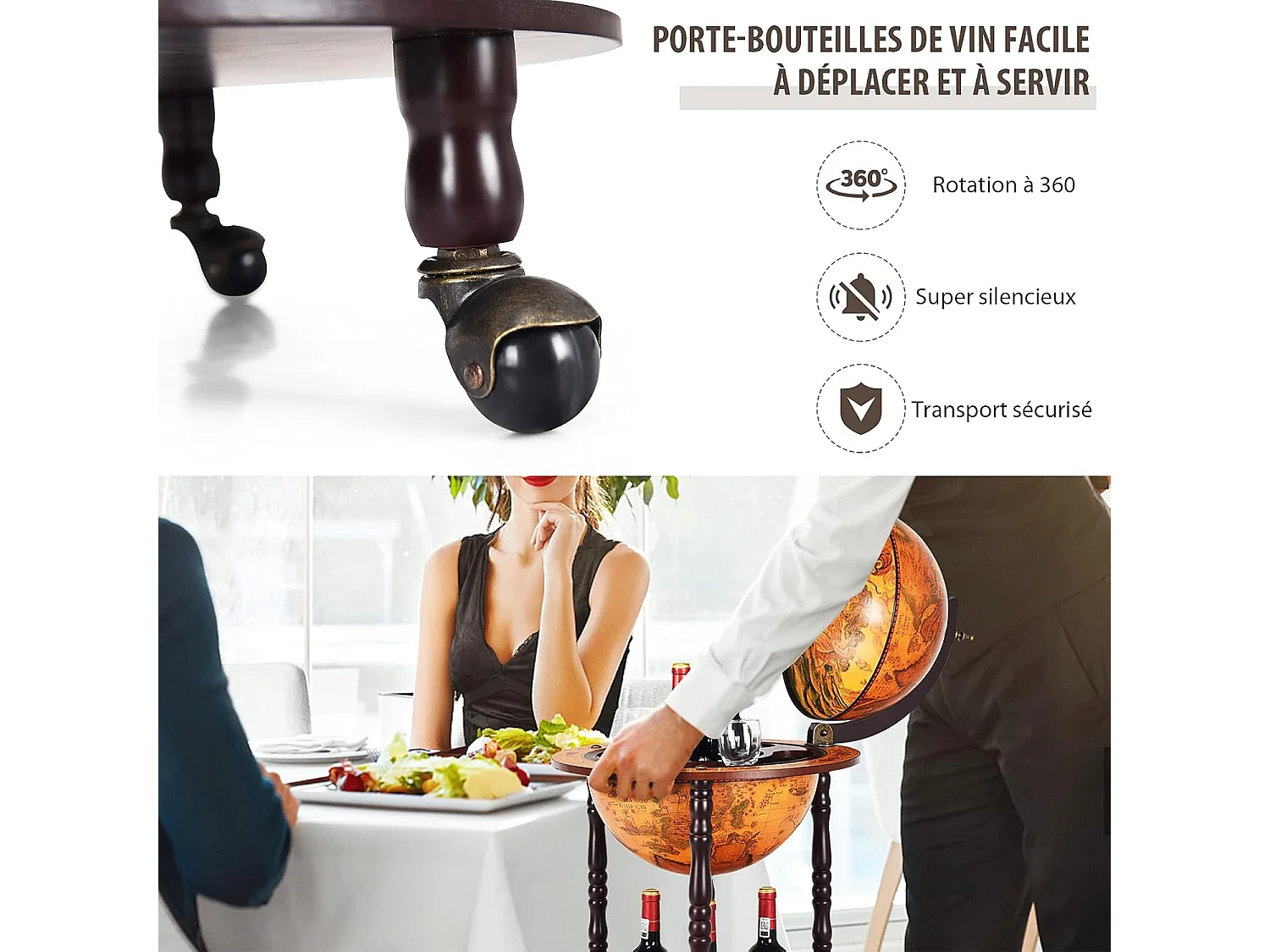 Bar globe terrestre vintage mappemonde en bois d'eucalyptus, 47 x 47 x 90cm