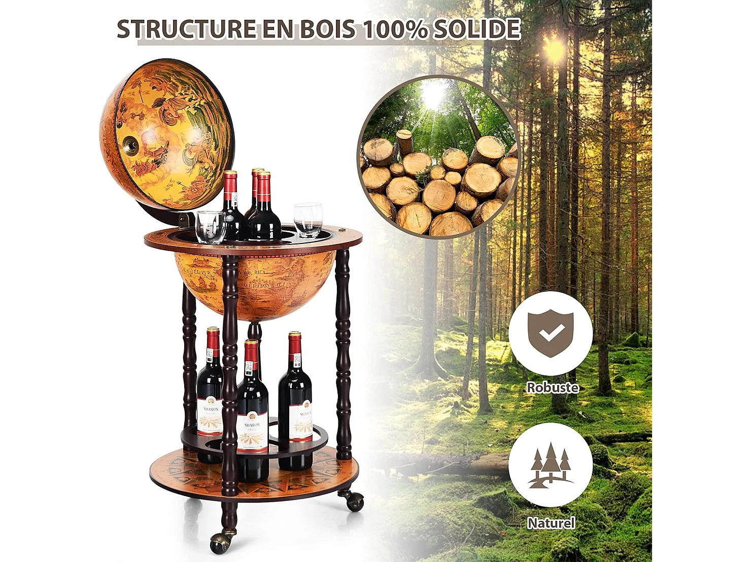 Bar globe terrestre vintage mappemonde en bois d'eucalyptus, 47 x 47 x 90cm