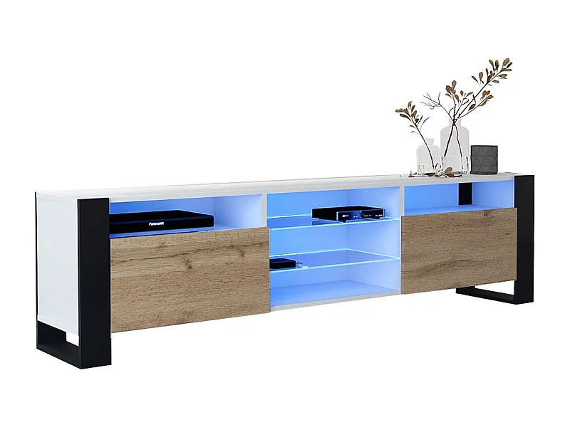 MEUBLE TV 200 CM LOVY LED BLANC MAT ET PORTE CHENE - STYLE INDUSTRIEL