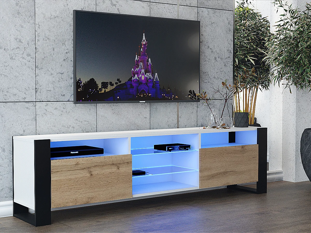 MEUBLE TV 200 CM LOVY LED BLANC MAT ET PORTE CHENE - STYLE INDUSTRIEL