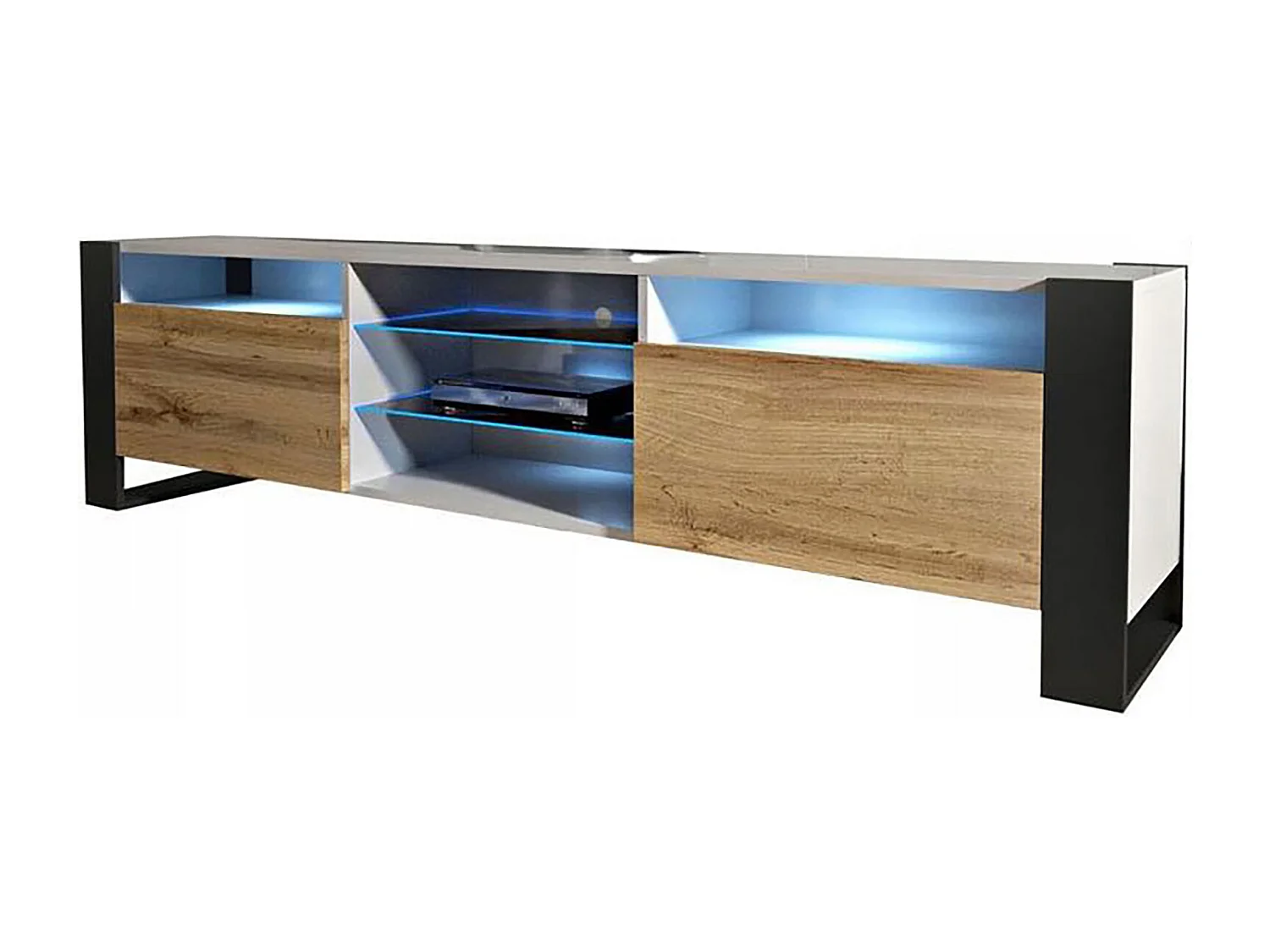 MEUBLE TV 200 CM LOVY LED BLANC MAT ET PORTE CHENE - STYLE INDUSTRIEL