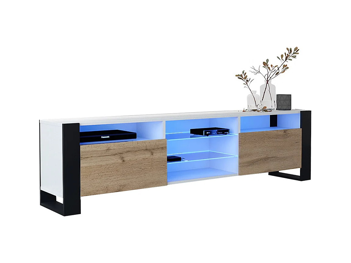 MEUBLE TV 200 CM LOVY LED BLANC MAT ET PORTE CHENE - STYLE INDUSTRIEL