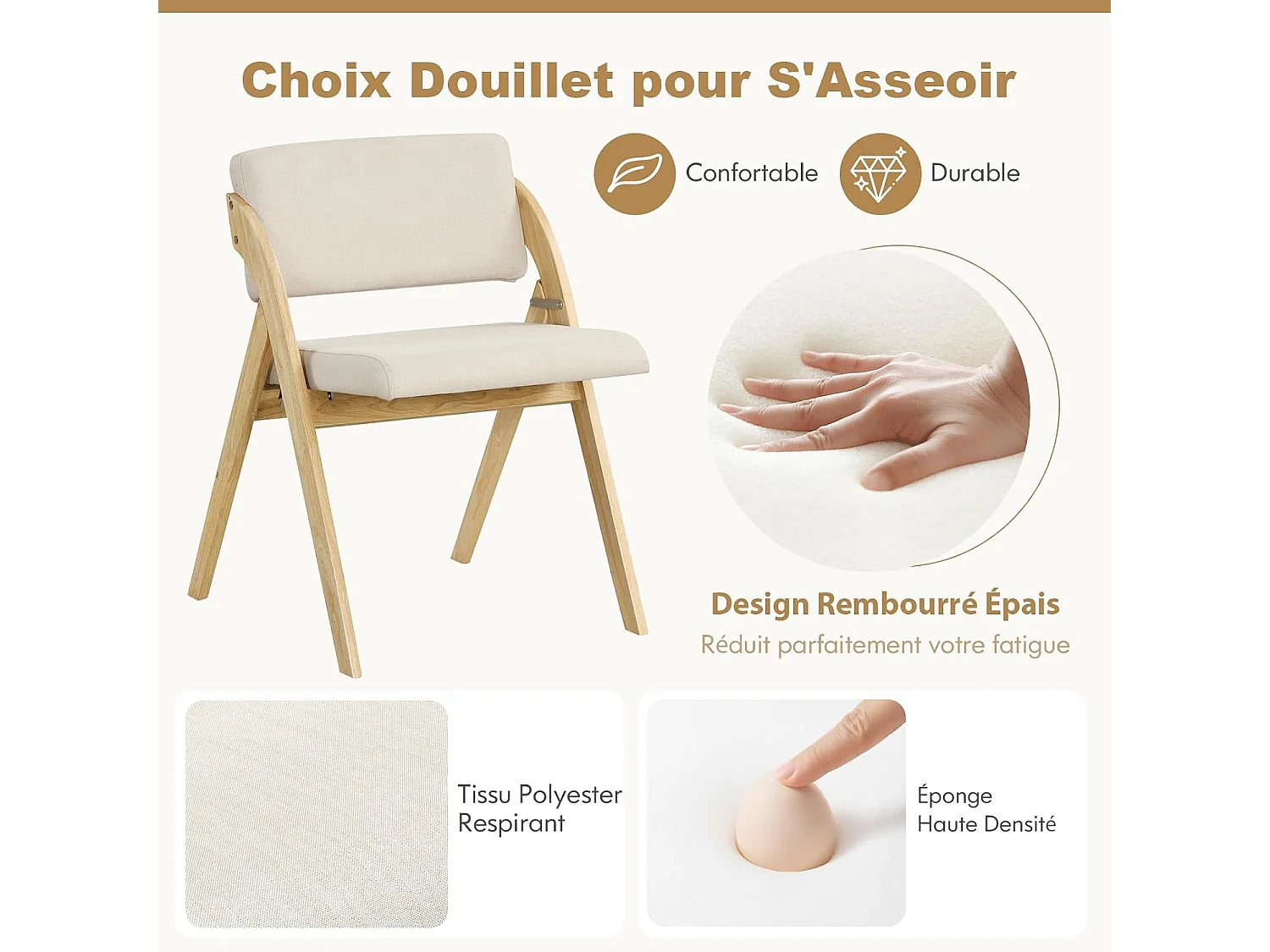 Lot de 2 chaises de salle à manger, chaise avec pieds en bois de caoutchouc, naturel