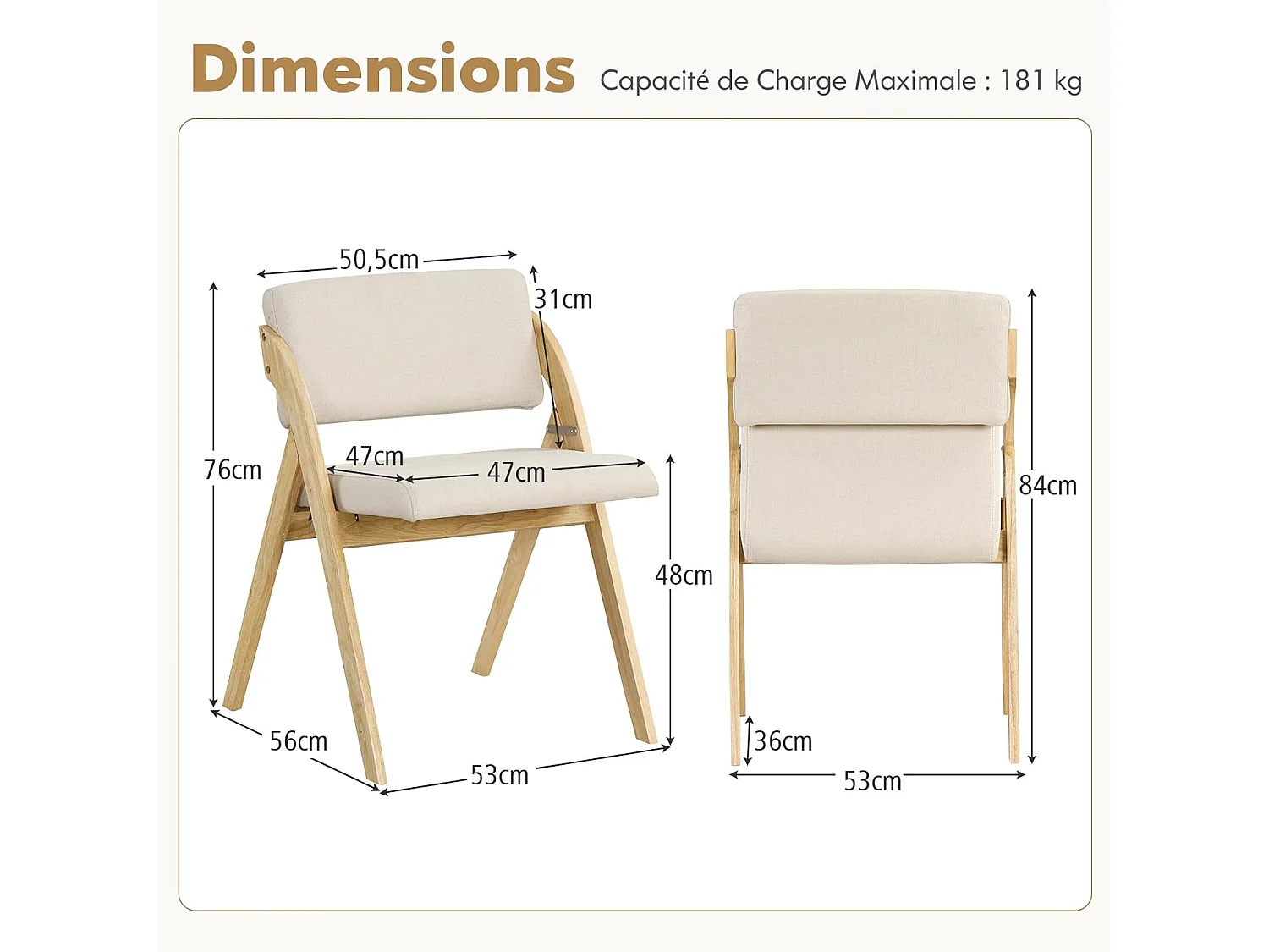 Lot de 2 chaises de salle à manger, chaise avec pieds en bois de caoutchouc, naturel