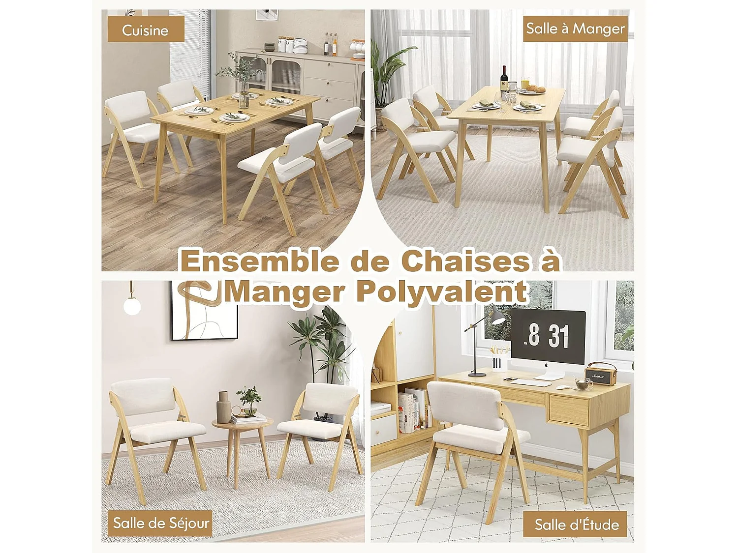 Lot de 2 chaises de salle à manger, chaise avec pieds en bois de caoutchouc, naturel