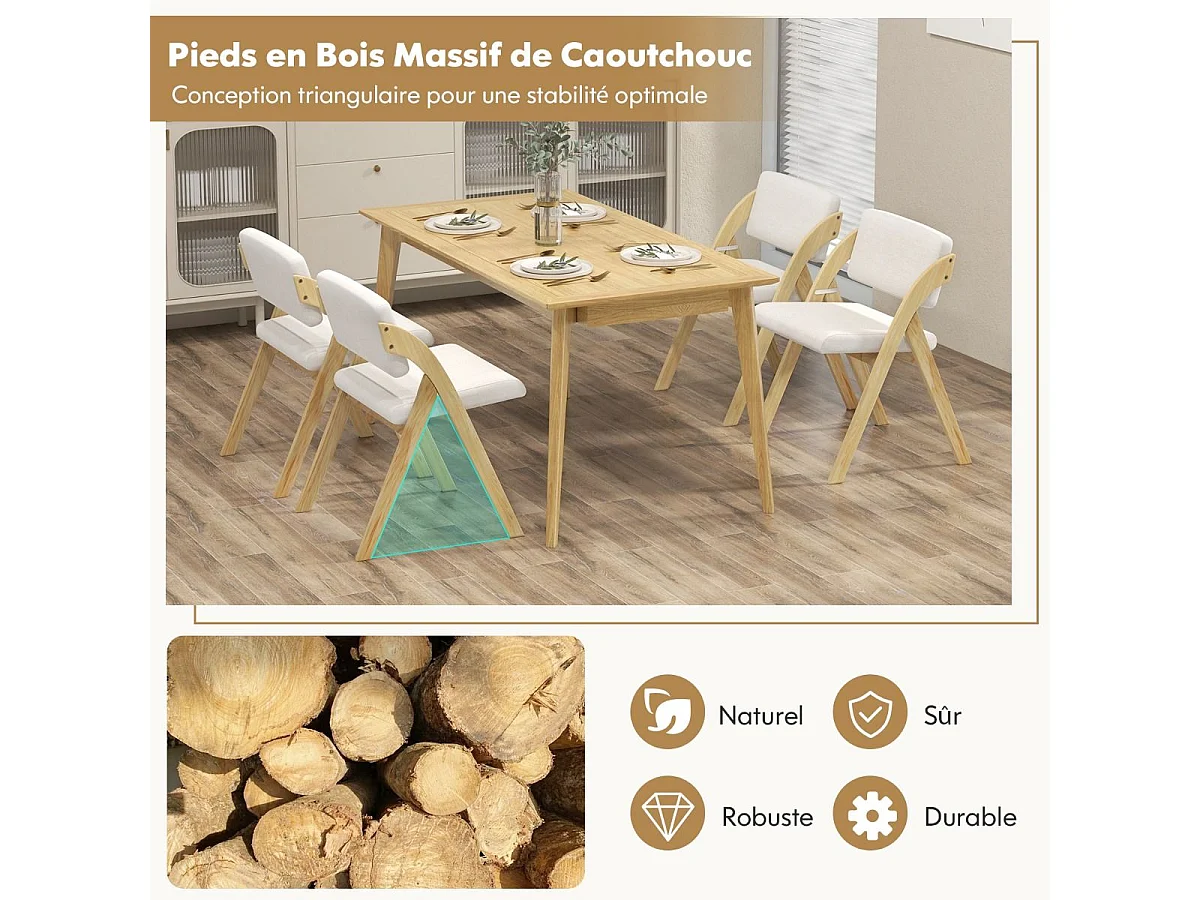 Lot de 2 chaises de salle à manger, chaise avec pieds en bois de caoutchouc, naturel