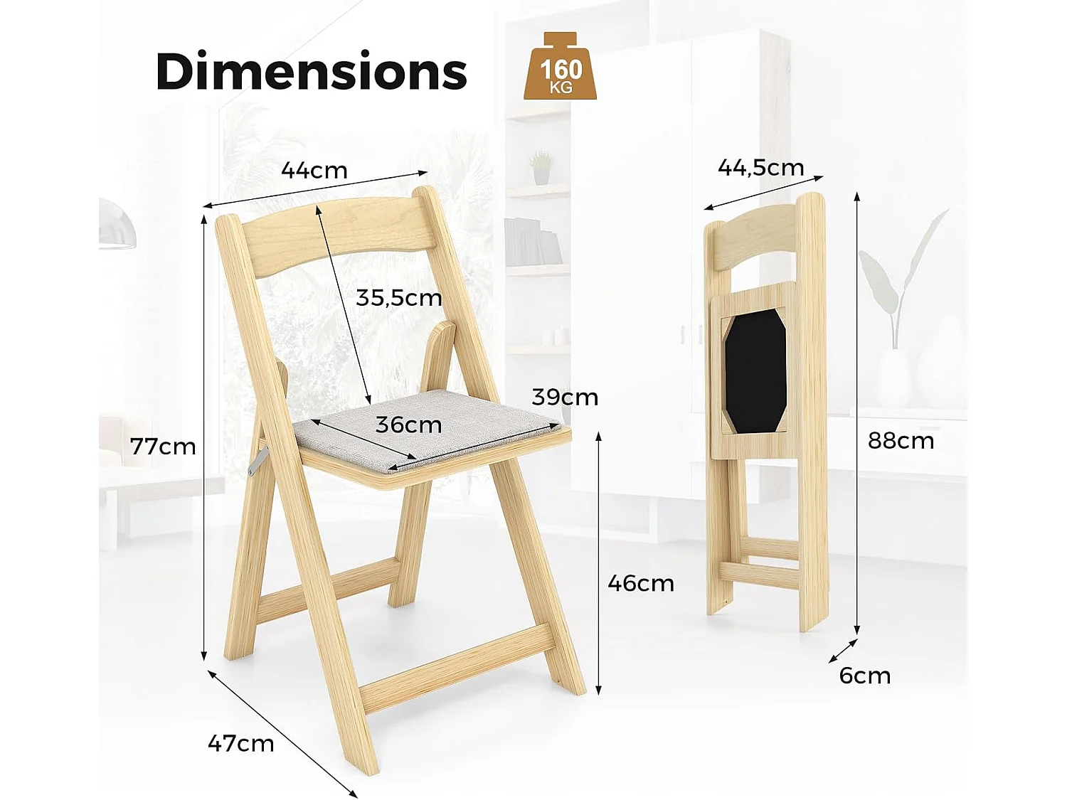Lot de 2 chaises de salle à manger, chaise pliable avec pieds en bois d'hévéa, naturel