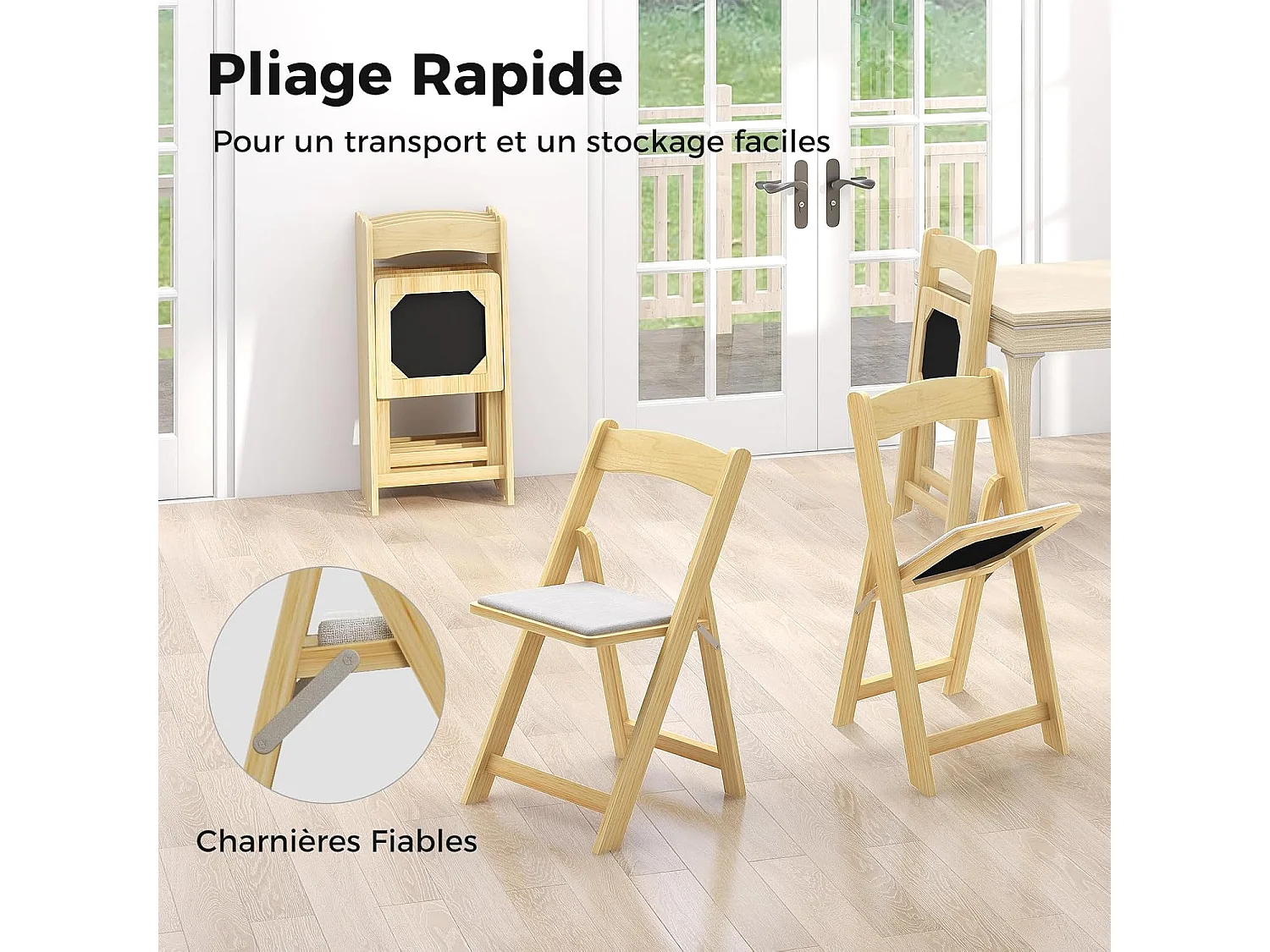 Lot de 2 chaises de salle à manger, chaise pliable avec pieds en bois d'hévéa, naturel