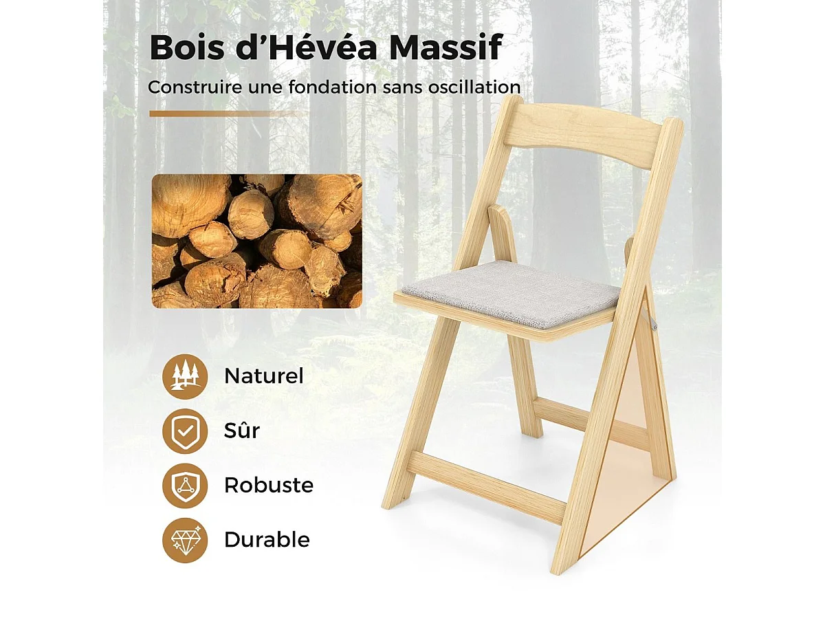Lot de 2 chaises de salle à manger, chaise pliable avec pieds en bois d'hévéa, naturel