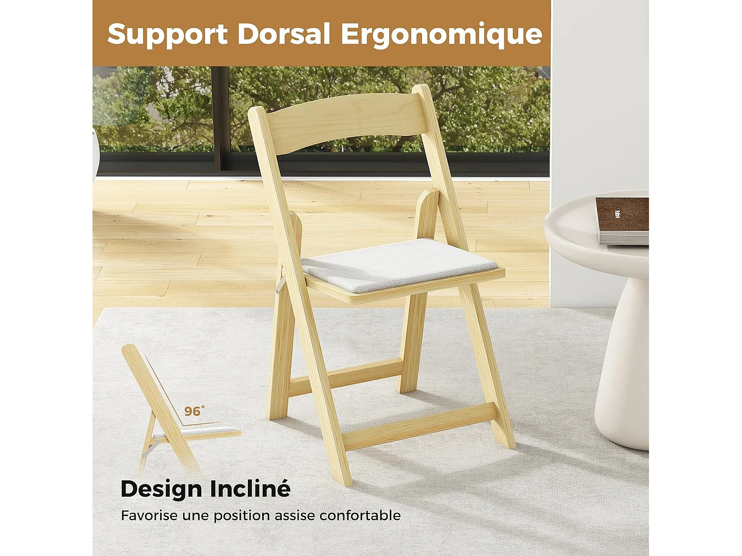Lot de 2 chaises de salle à manger, chaise pliable avec pieds en bois d'hévéa, naturel