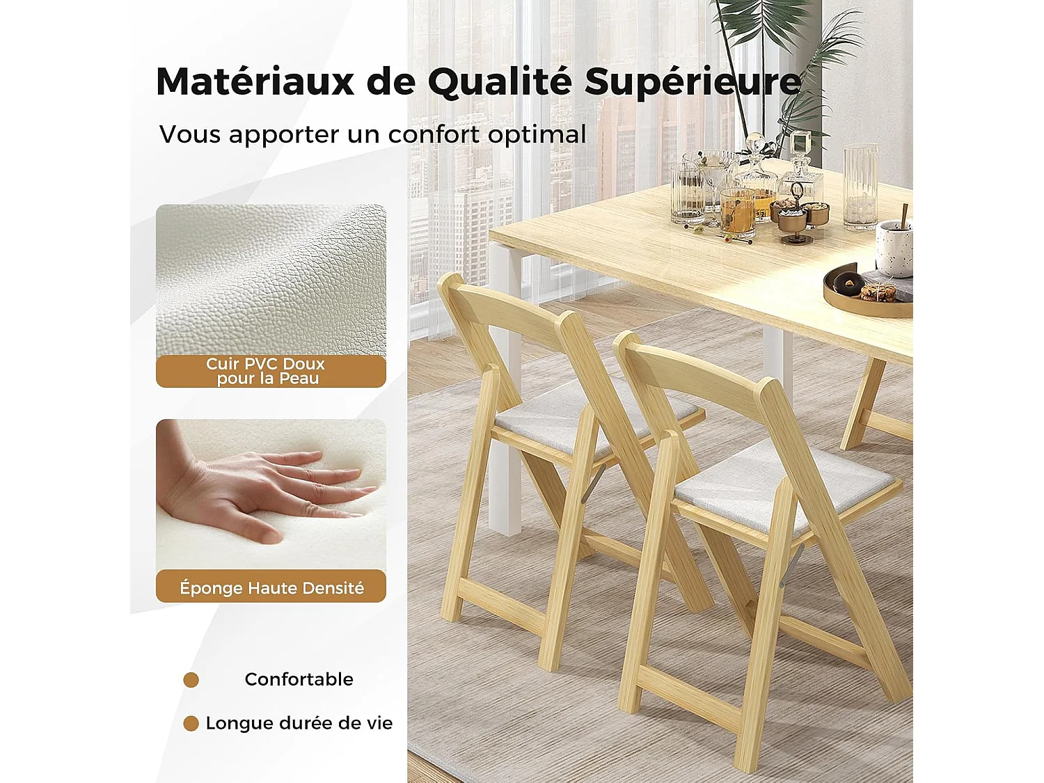 Lot de 2 chaises de salle à manger, chaise pliable avec pieds en bois d'hévéa, naturel