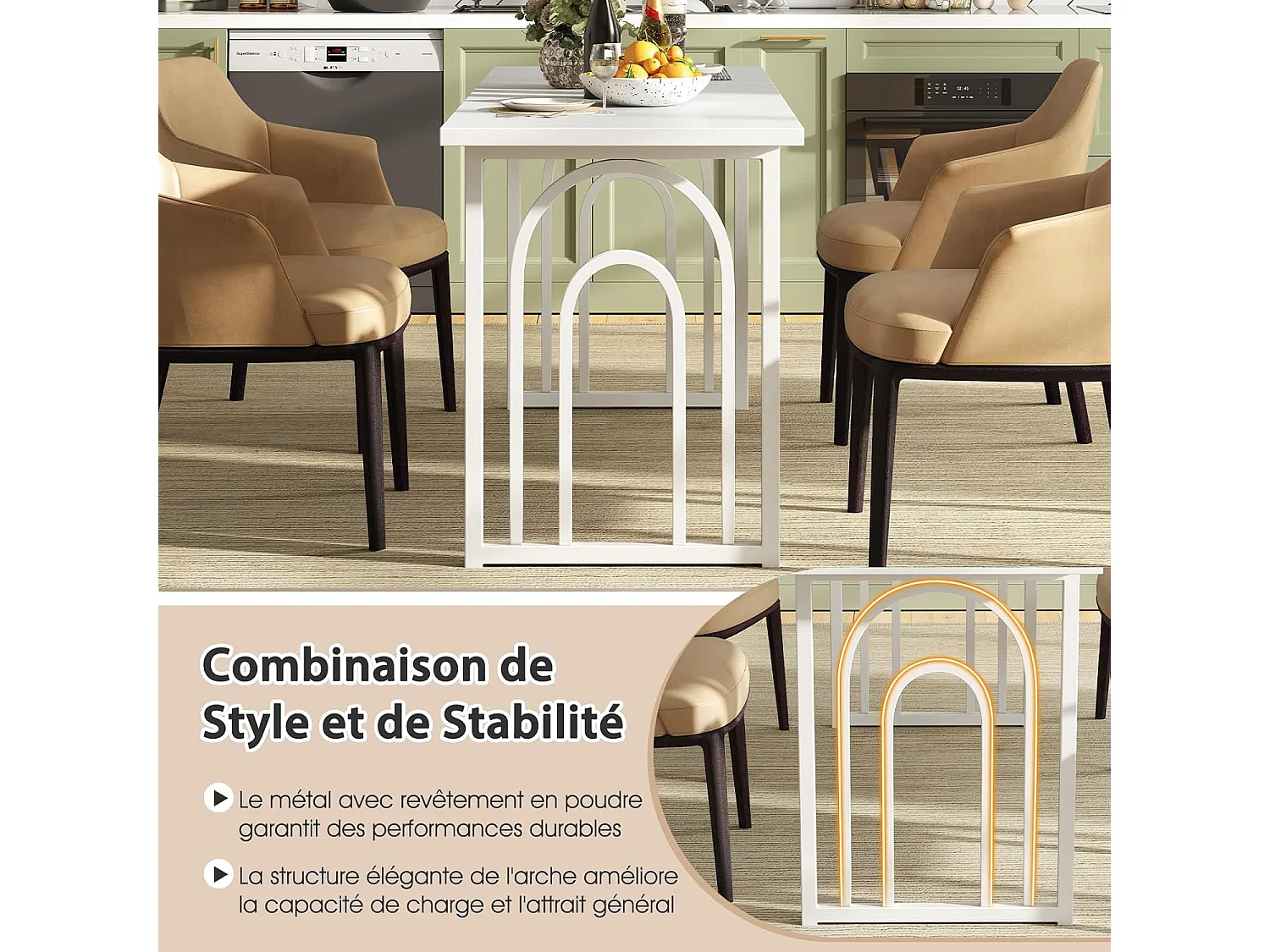 Table salle à manger de 160 cm pour 6-8 personnes,rectangulaire avec pieds en métal,blanc