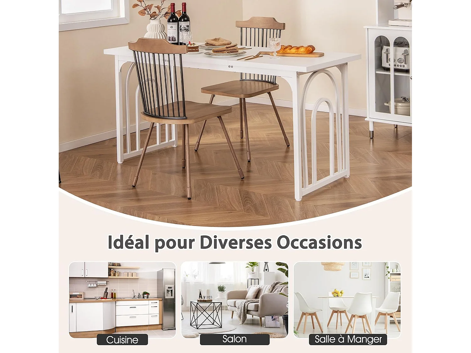 Table salle à manger de 160 cm pour 6-8 personnes,rectangulaire avec pieds en métal,blanc
