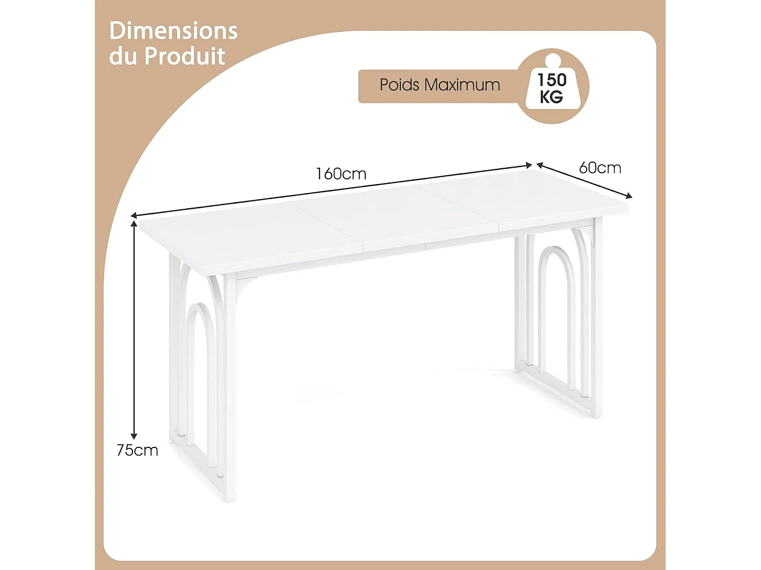 Table salle à manger de 160 cm pour 6-8 personnes,rectangulaire avec pieds en métal,blanc