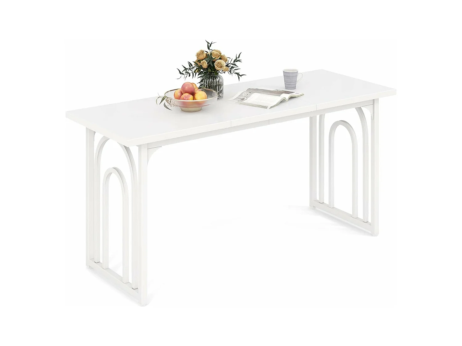 Table salle à manger de 160 cm pour 6-8 personnes,rectangulaire avec pieds en métal,blanc