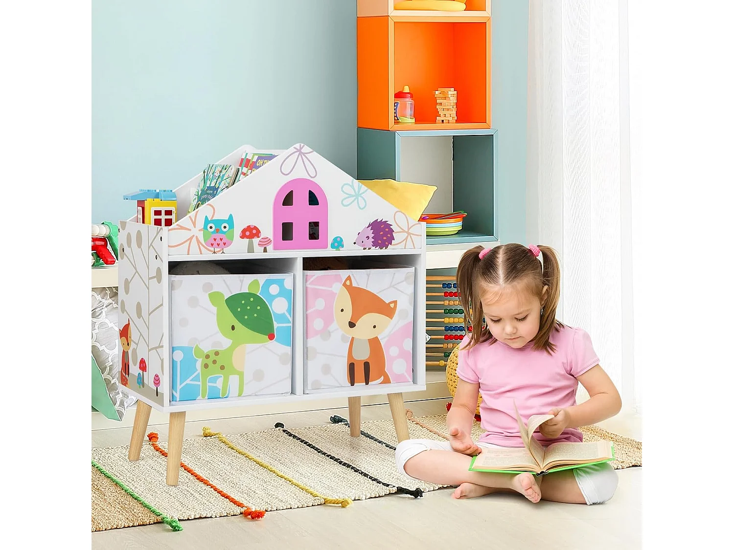 Bibliothèque enfants en forme maison avec 2 bacs & 4 emplacements, 62x30x72cm