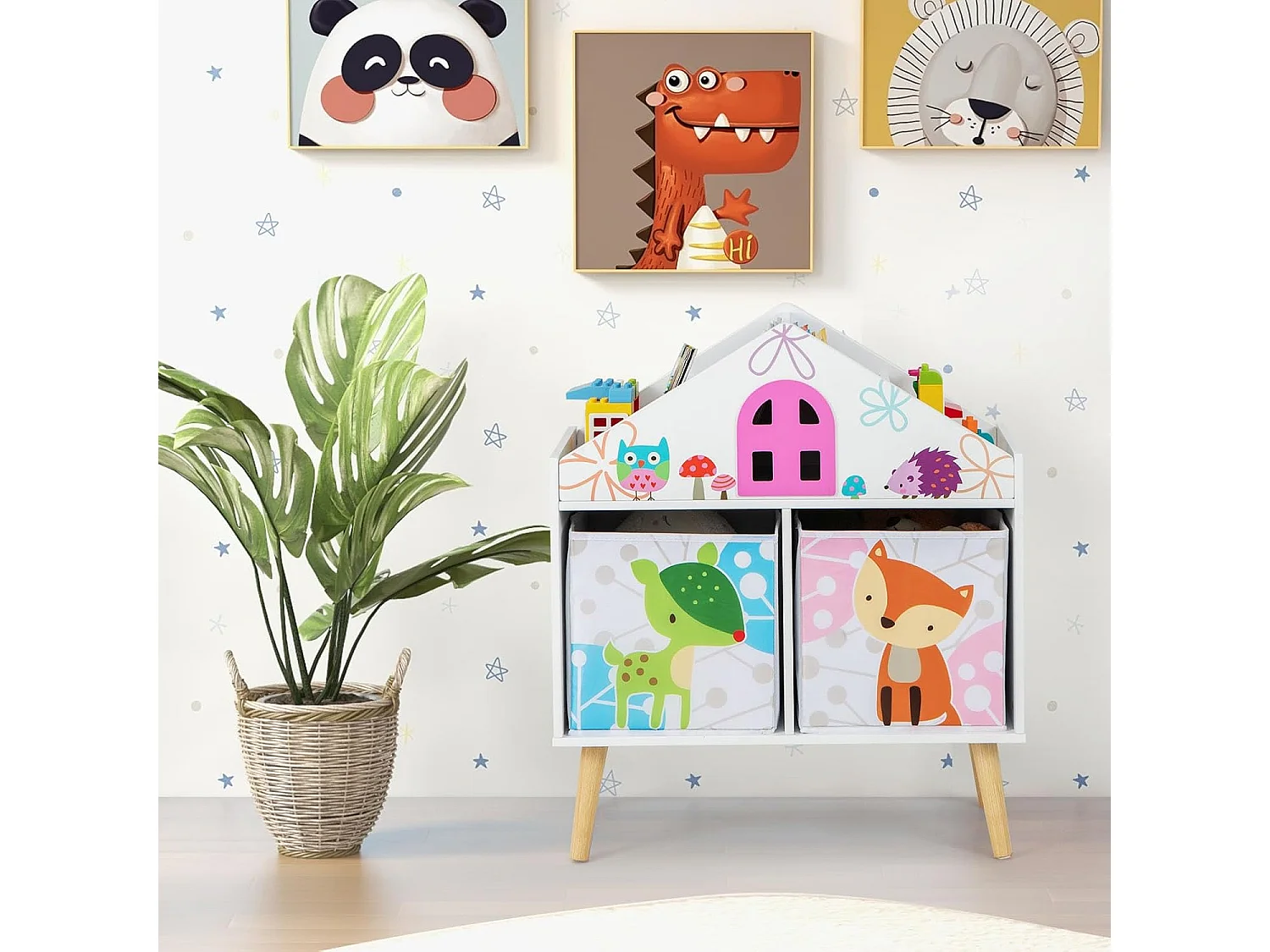 Bibliothèque enfants en forme maison avec 2 bacs & 4 emplacements, 62x30x72cm