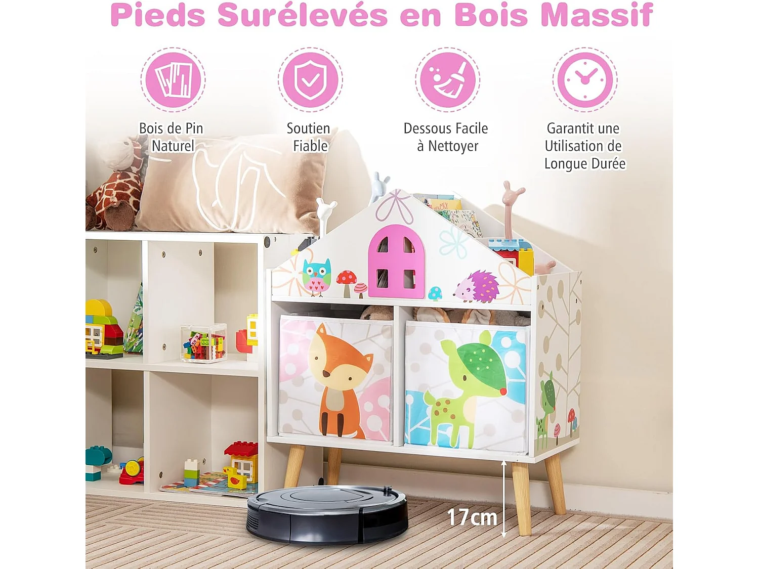 Bibliothèque enfants en forme maison avec 2 bacs & 4 emplacements, 62x30x72cm