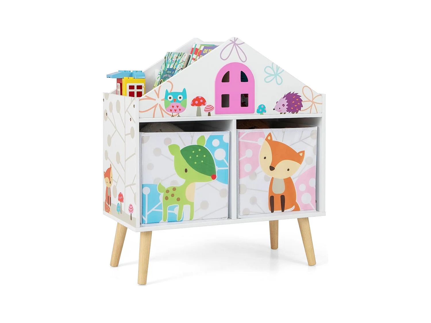 Bibliothèque enfants en forme maison avec 2 bacs & 4 emplacements, 62x30x72cm