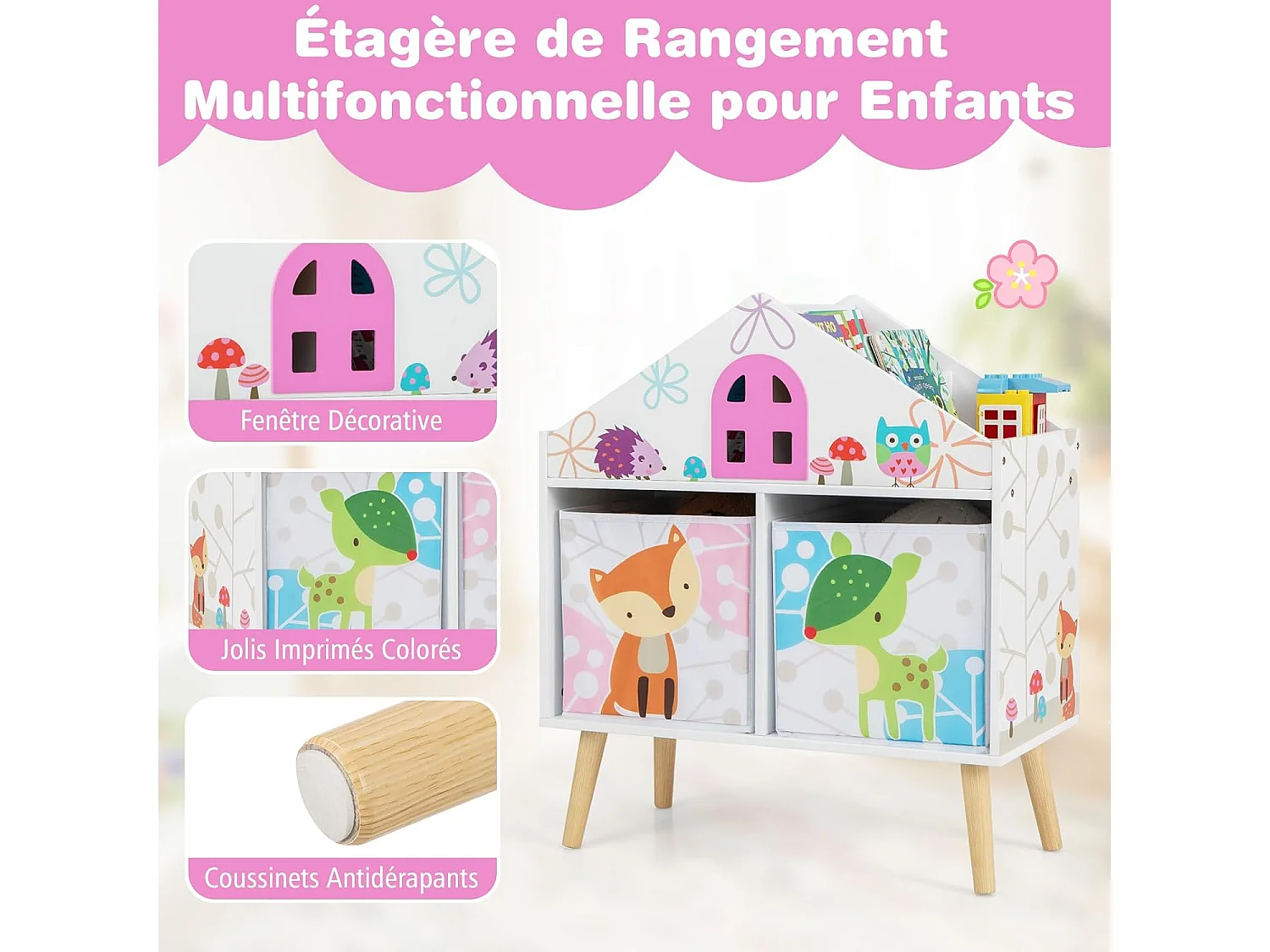 Bibliothèque enfants en forme maison avec 2 bacs & 4 emplacements, 62x30x72cm