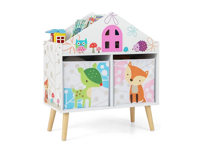 Bibliothèque enfants en forme maison avec 2 bacs & 4 emplacements, 62x30x72cm