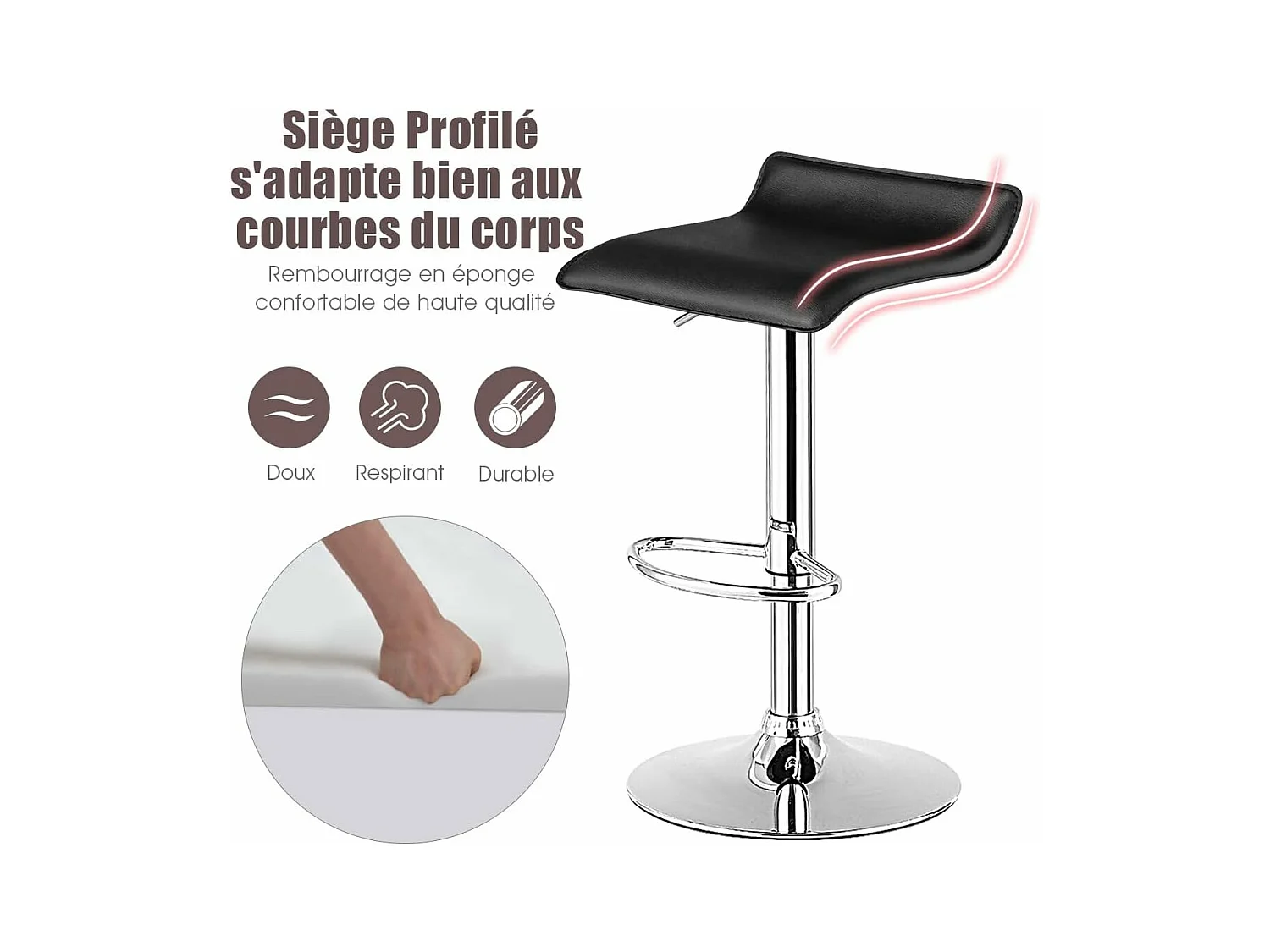 Tabouret de Bar  Lot de 2, Chaise Bar, Hauteur Réglable, Chaise Bar Cuisine en Cuir PU, Rotatif sur 360°, Repose-Pieds, Cadre en Acier  (Noir)