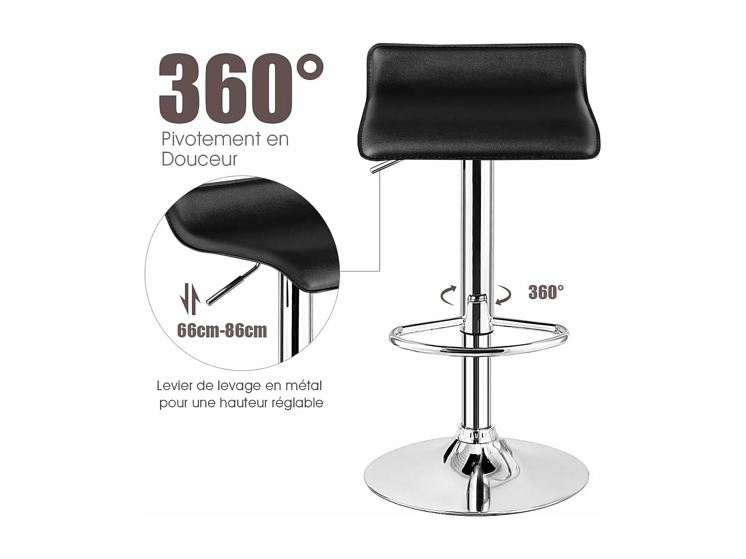 Tabouret de Bar  Lot de 2, Chaise Bar, Hauteur Réglable, Chaise Bar Cuisine en Cuir PU, Rotatif sur 360°, Repose-Pieds, Cadre en Acier  (Noir)