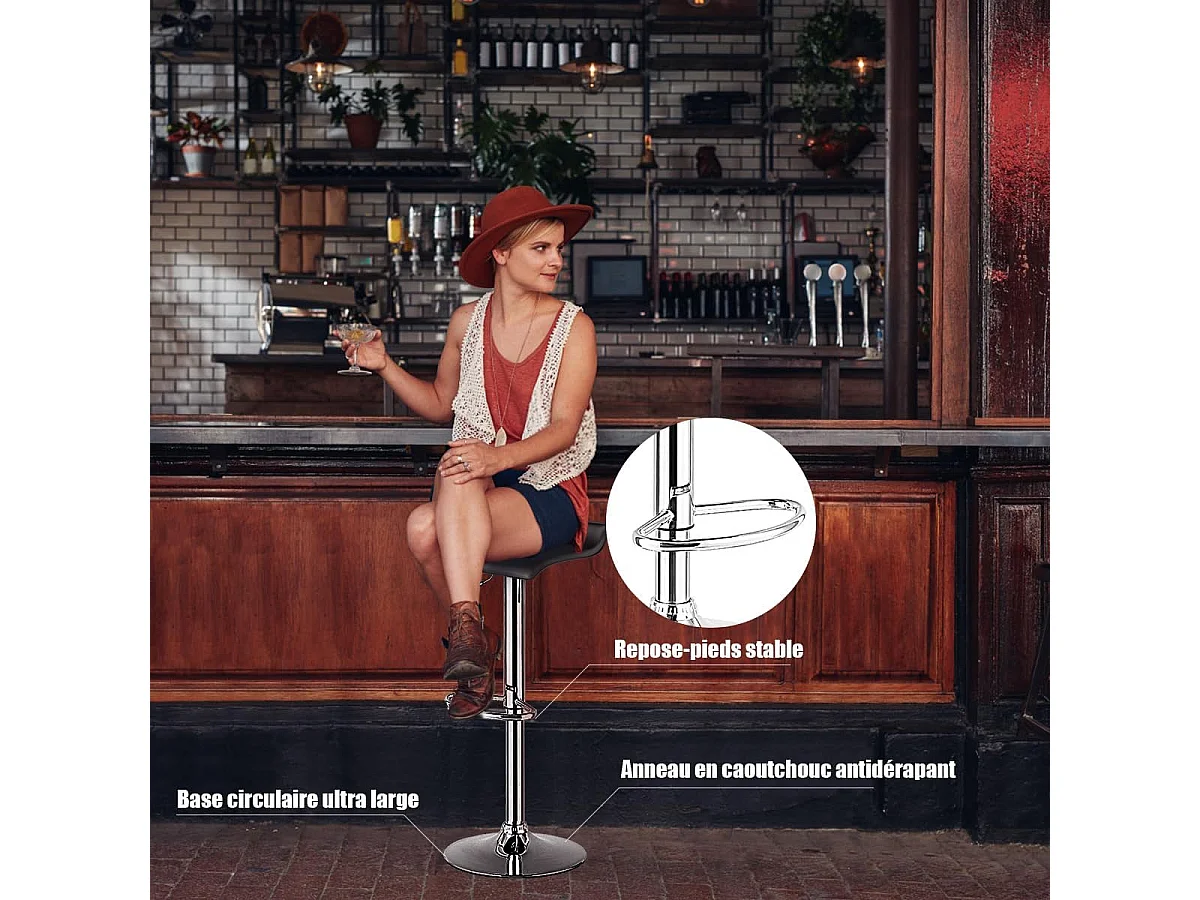 Tabouret de Bar  Lot de 2, Chaise Bar, Hauteur Réglable, Chaise Bar Cuisine en Cuir PU, Rotatif sur 360°, Repose-Pieds, Cadre en Acier  (Noir)