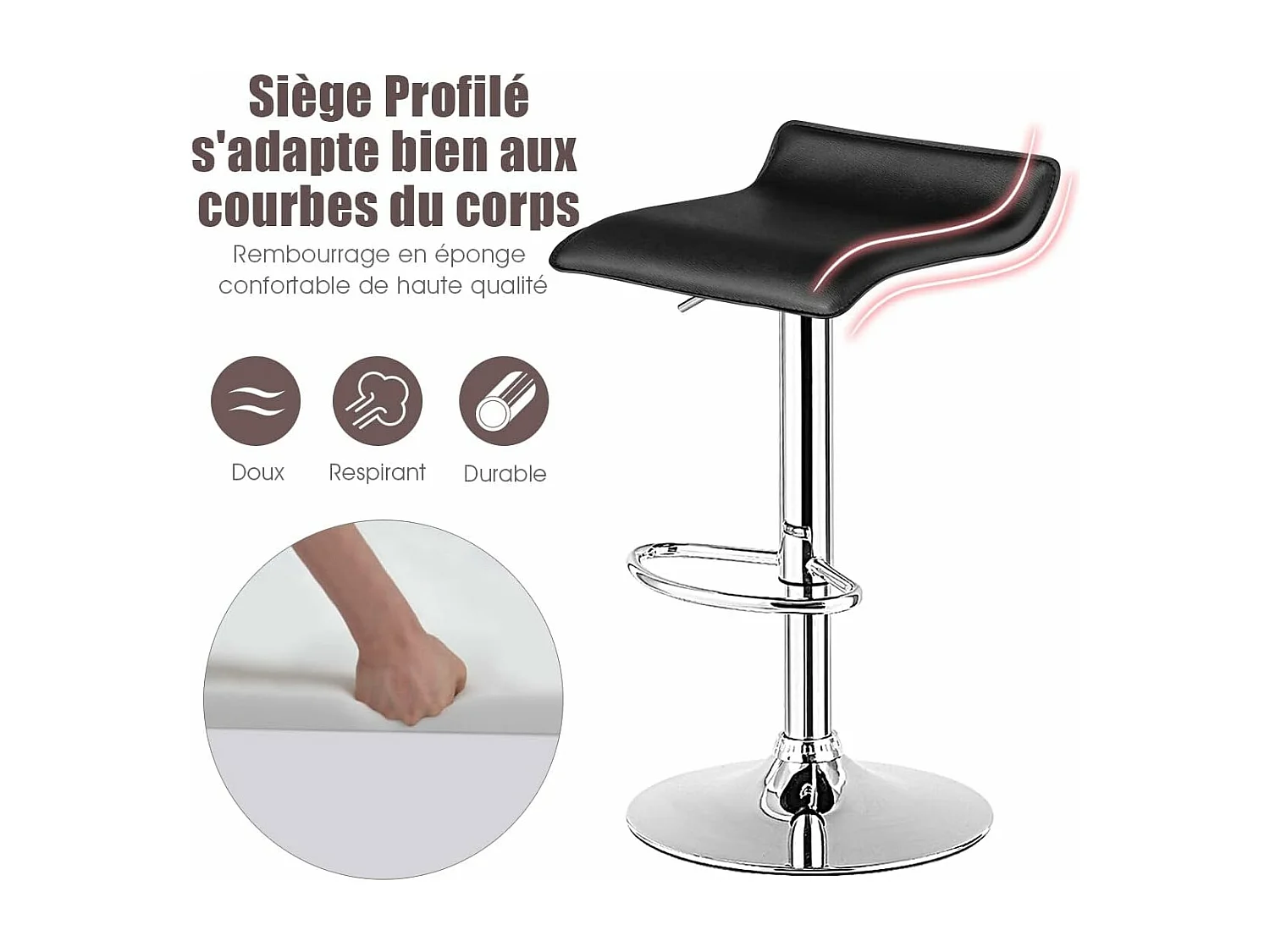 Tabouret de Bar  Lot de 2, Chaise Bar, Hauteur Réglable, Chaise Bar Cuisine en Cuir PU, Rotatif sur 360°, Repose-Pieds, Cadre en Acier  (Noir)