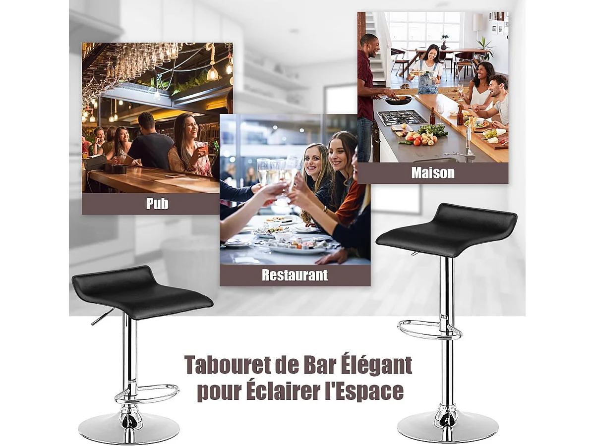 Tabouret de Bar  Lot de 2, Chaise Bar, Hauteur Réglable, Chaise Bar Cuisine en Cuir PU, Rotatif sur 360°, Repose-Pieds, Cadre en Acier  (Noir)